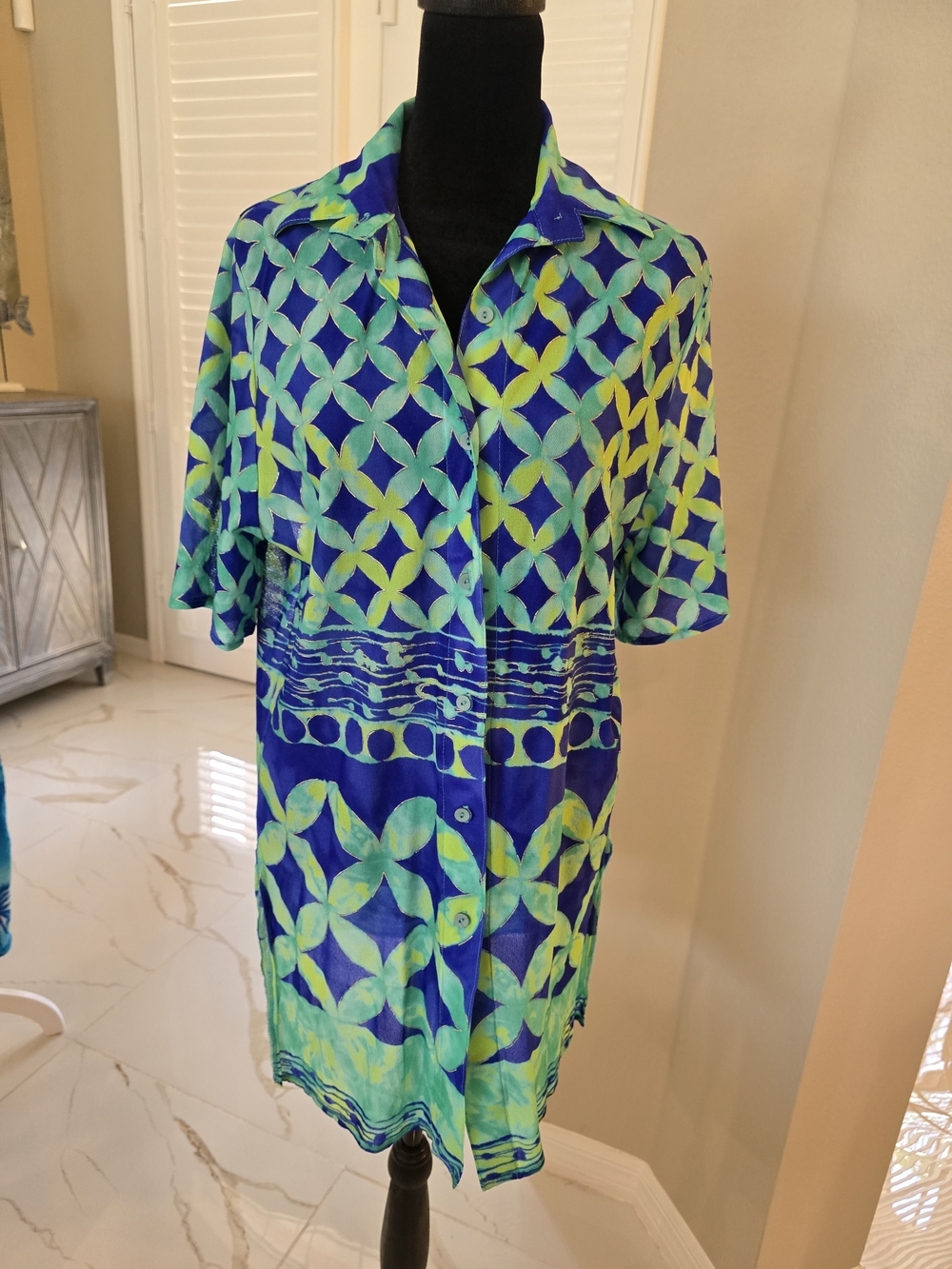 Blue & Green Geometric Button-Front Swim Coverup